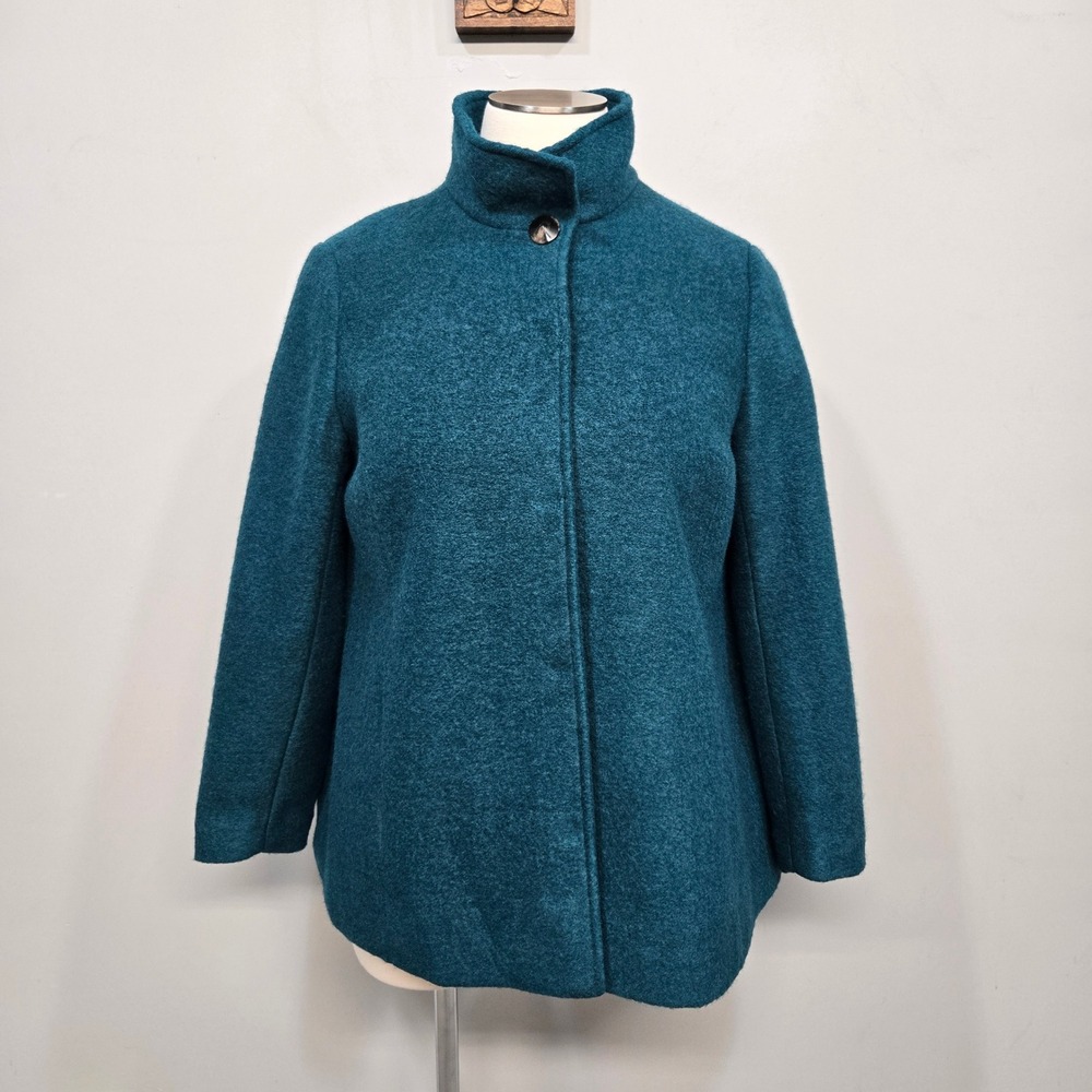 Lands End Wool Blend Coat Plus Size 18W Teal Blue Funnel Neck Swing Mod Jacket